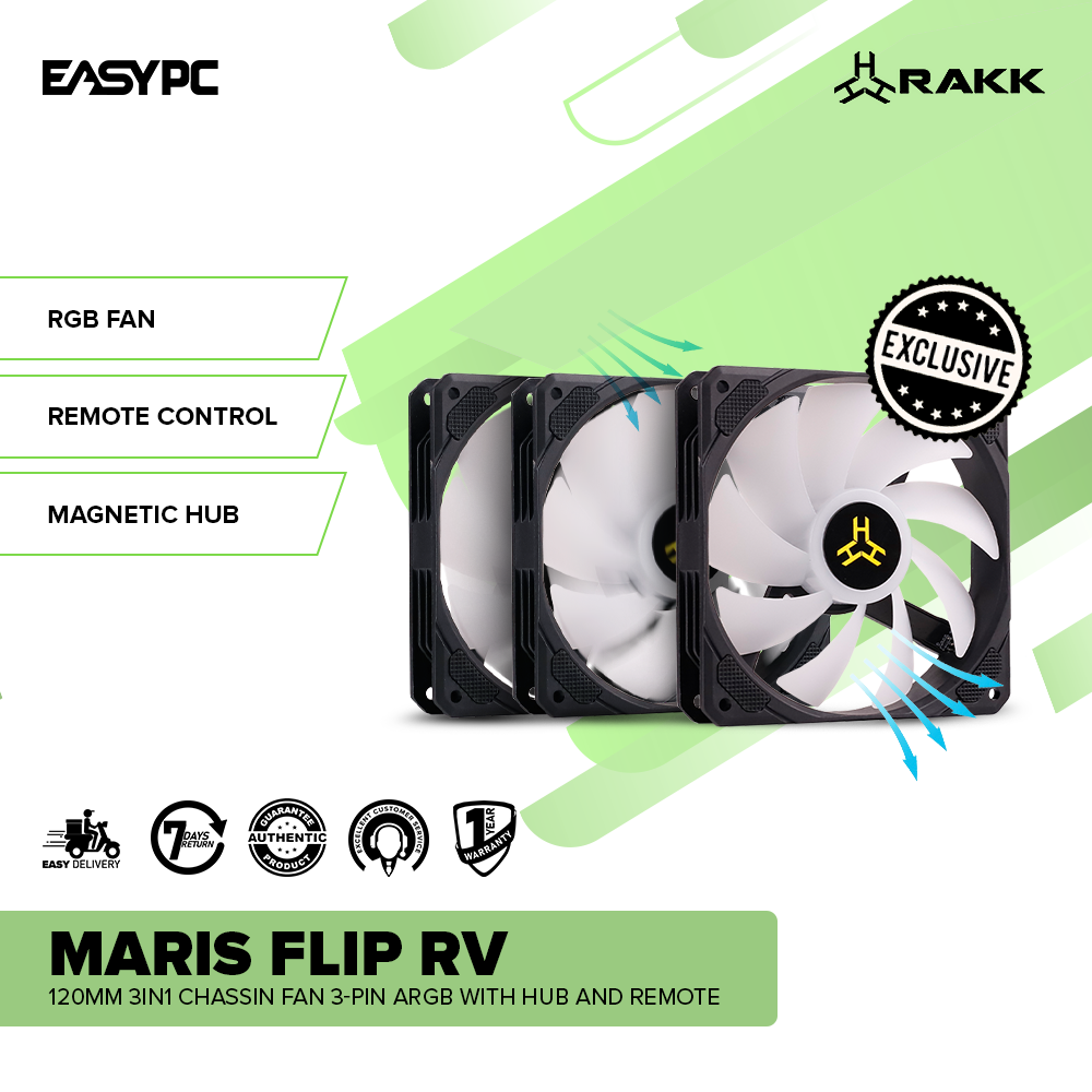 RAKK MARIS FLIP RV 120mm 3in1 Chassis Fan 4-pin aRGB Reverse Flow With Hub and Remote