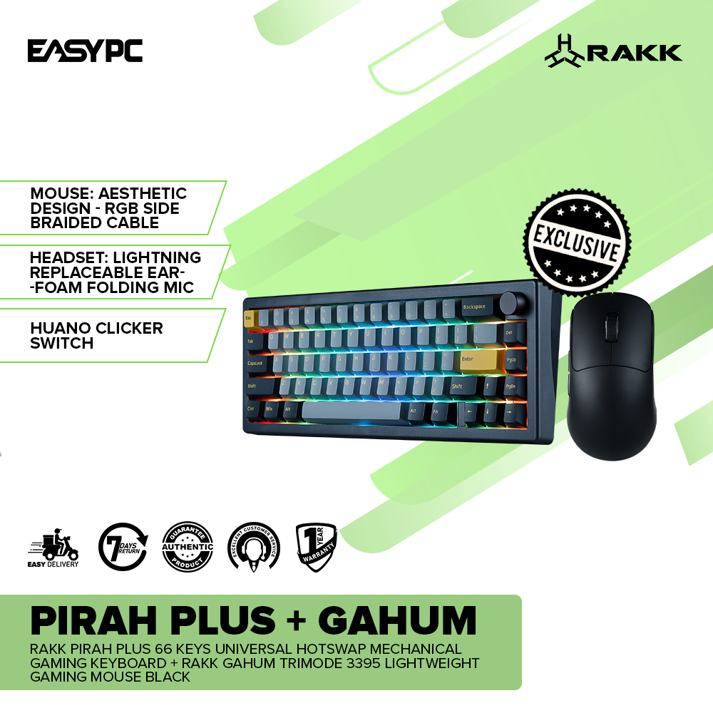 RAKK PIRAH PLUS 66 Keys Universal HotSwap Mechanical Gaming Keyboard + RAKK GAHUM Trimode 3395 Lightweight Gaming Mouse Black