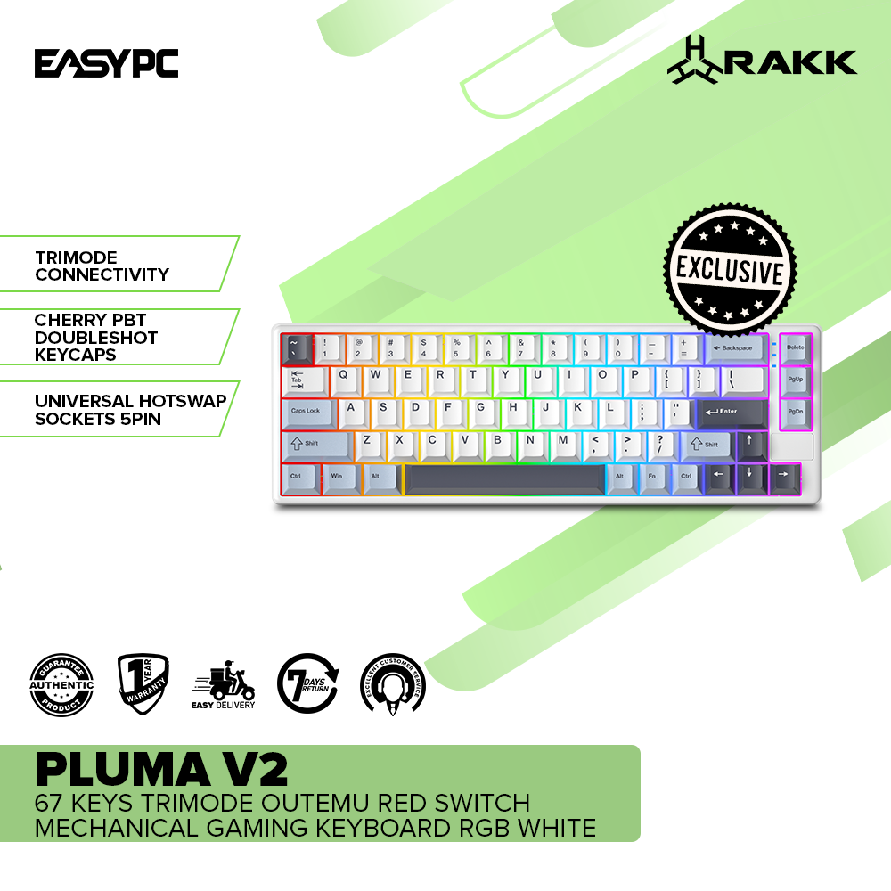 RAKK PLUMA V2 67 Keys Trimode Outemu Red Switch Mechanical Gaming Keyboard RGB White-a