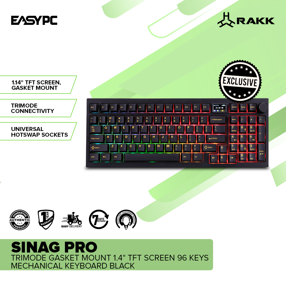 RAKK SINAG PRO|Trimode Gasket Mount 1.4" TFT Screen|96 Keys|Mechanical Keyboard|Black-a
