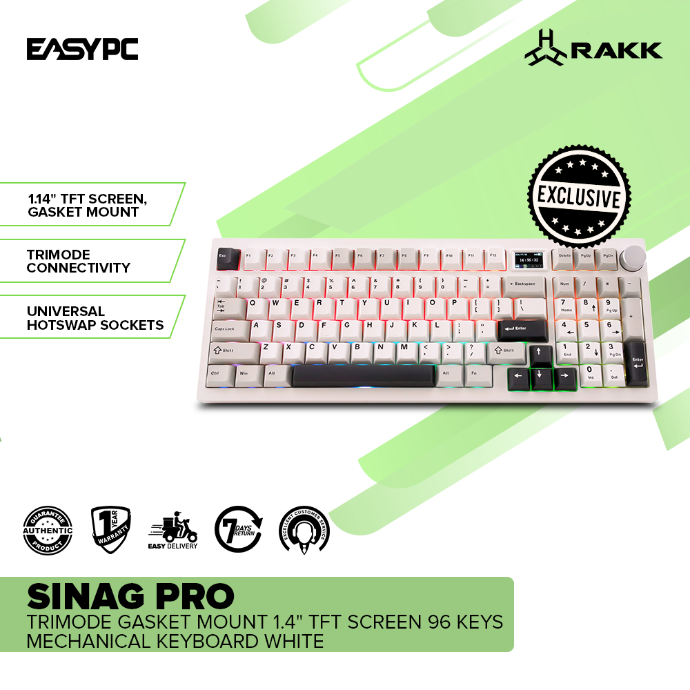 RAKK SINAG PRO|Trimode Gasket Mount 1.4" TFT Screen|96 Keys|Mechanical Keyboard|White-a