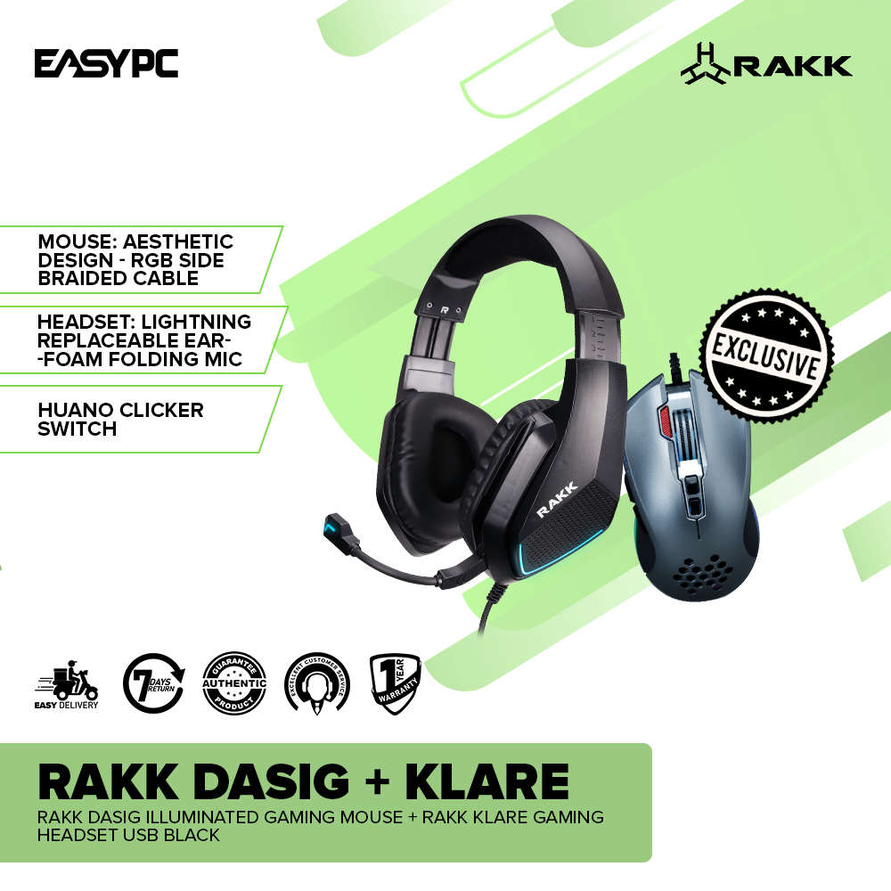 Rakk Dasig Illuminated Gaming Mouse + RAKK KLARE Gaming Headset USB Black