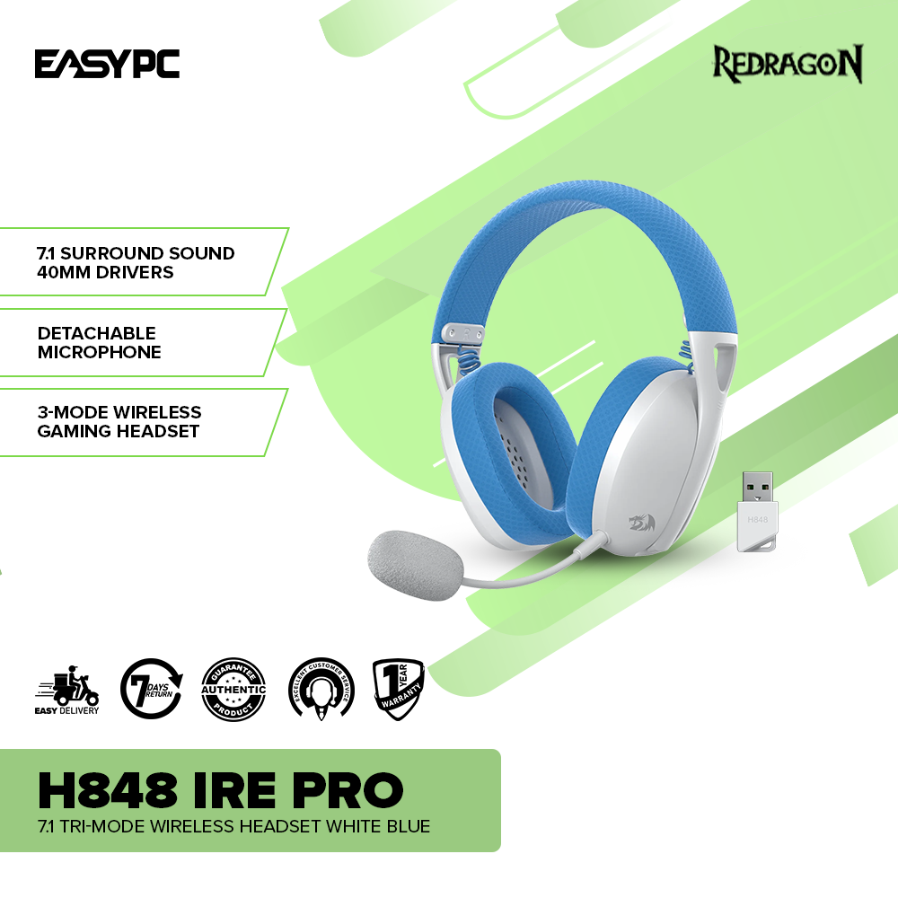 Redragon H848 IRE PRO 7.1 Tri-mode Wireless Headset White Blue