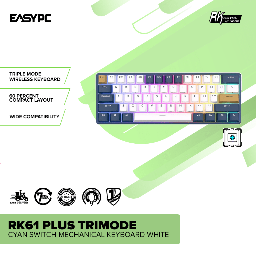 Royal Kludge RK61 Plus Trimode Cyan switch Mechanical Keyboard white/ Klein Blue-b