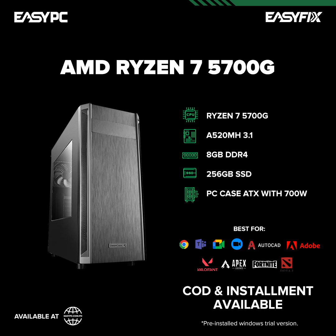 Ryzen 7 5700G / A520 / 8GB DDR4 / 256GB SSD / 700w Power Supply / PC Case ATX