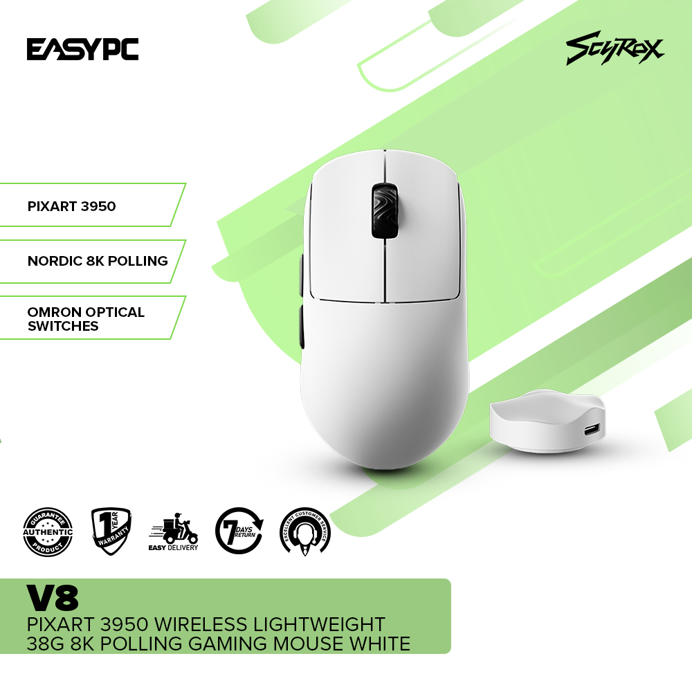 SCYROX V8 PIXART 3950 Wireless Lightweight 38g 8K Polling Gaming Mouse White