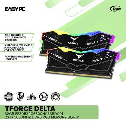 Team Elite TForce Delta 32GB FF3D532G5600HC36BDC01 2x16 5600mhz Ddr5 RGB Memory Black