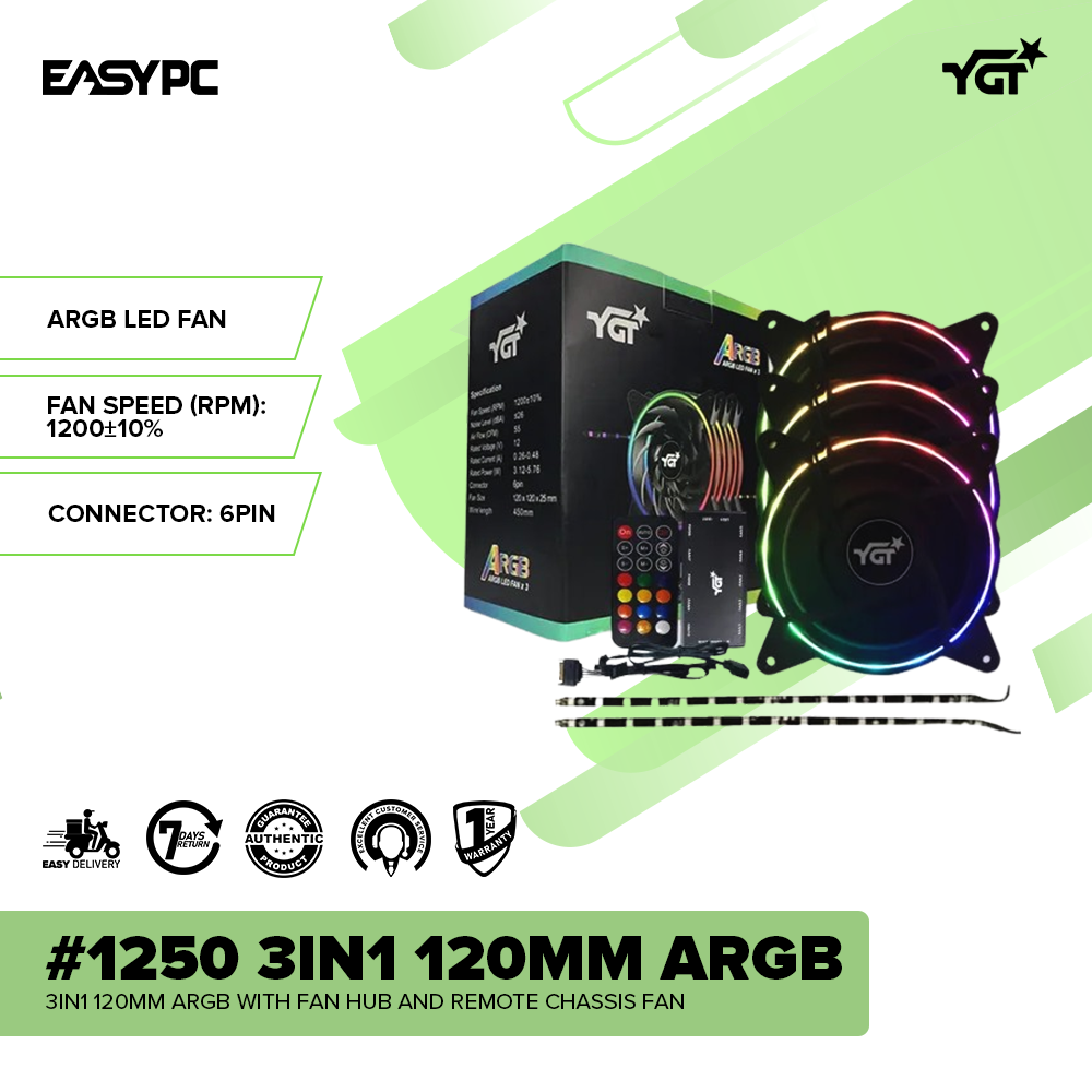 YGT #1250 3in1 120mm ARGB with fan HUB and remote Chassis Fan