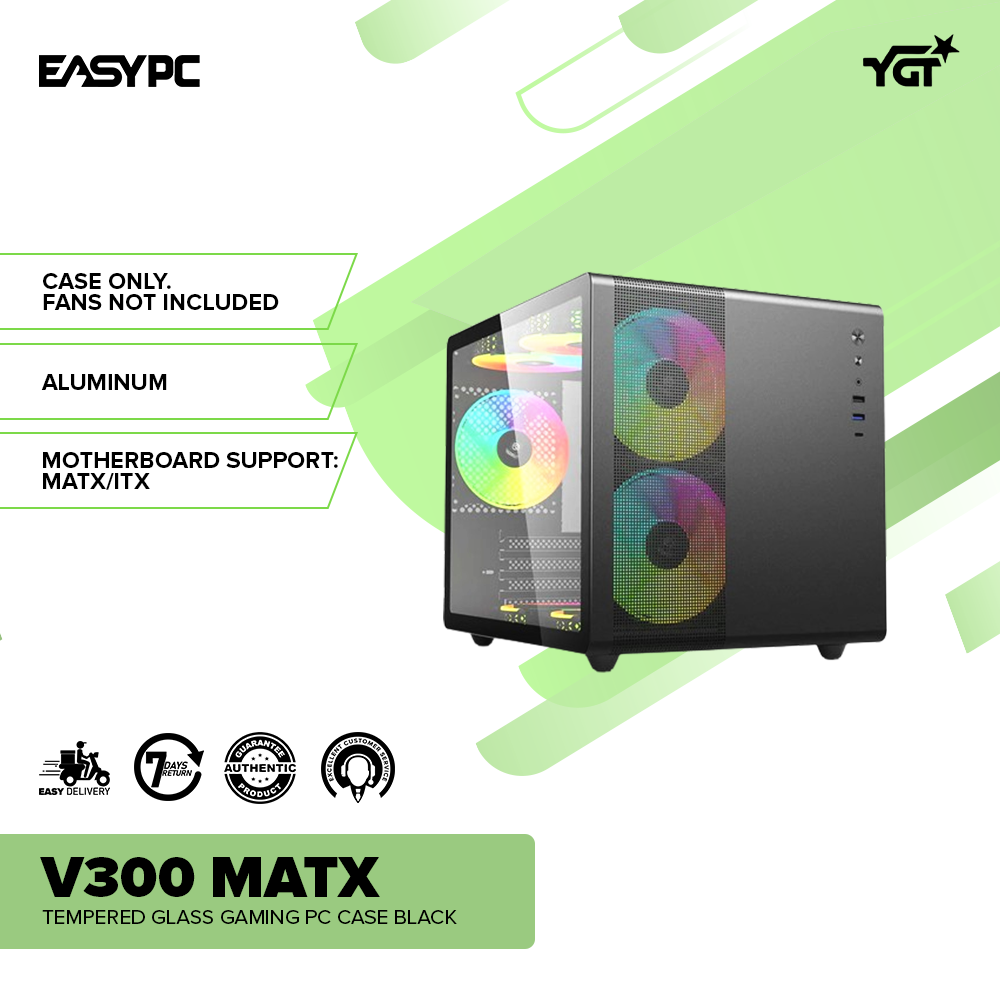 YGT V300 MAtx Tempered Glass Gaming PC Case Black