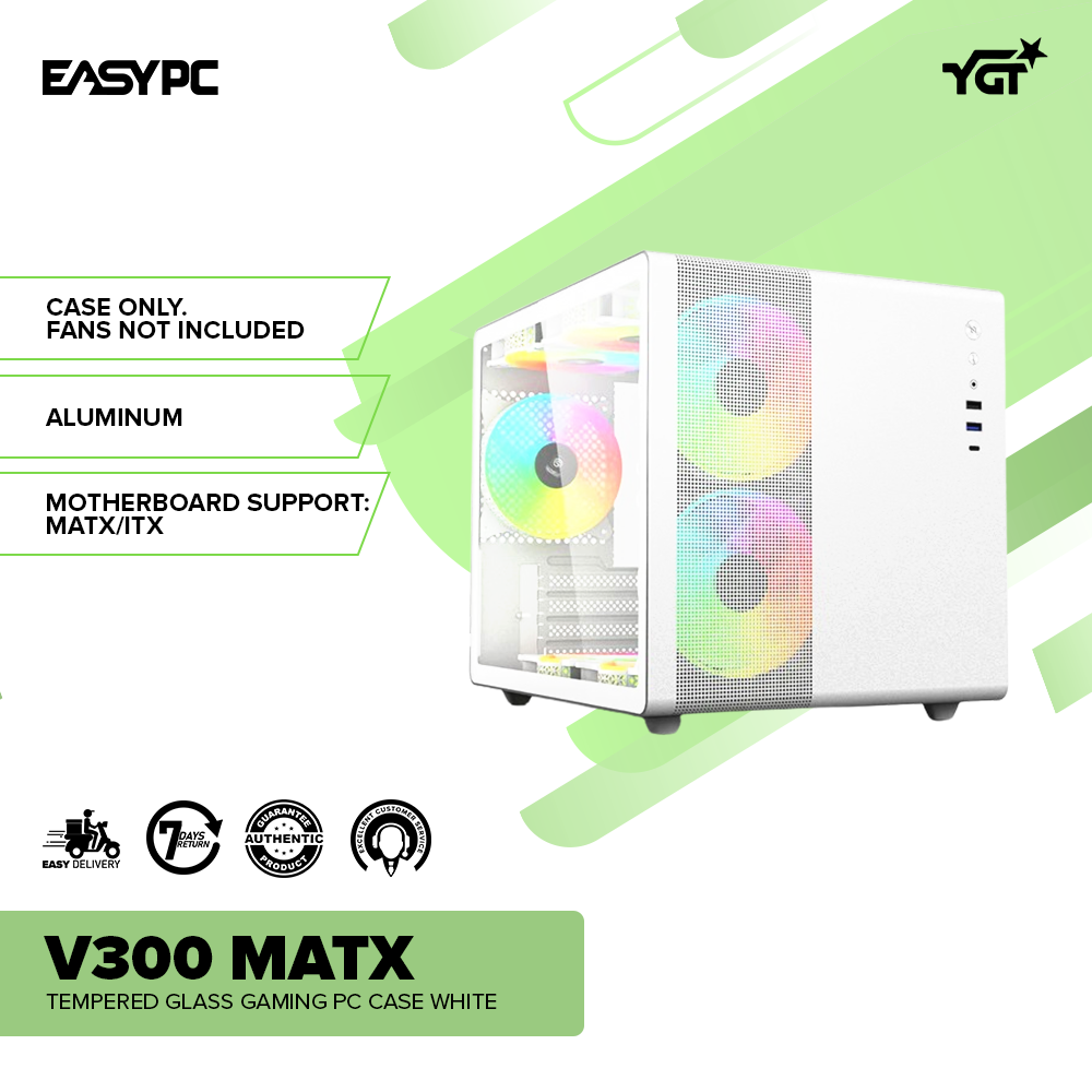 YGT V300 MAtx Tempered Glass Gaming PC Case White