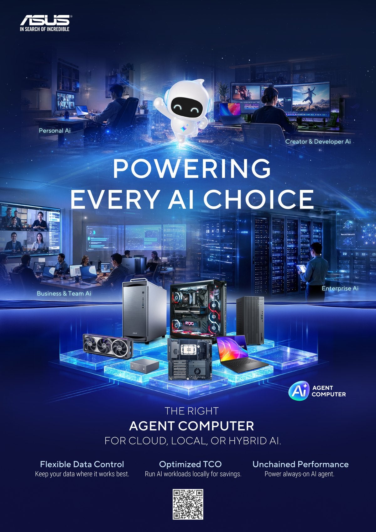 ASUS poster: powering every AI choice, the right Agent Computer for cloud, local or hybrid AI, with flexible data control, optimized TCO and unchained performance