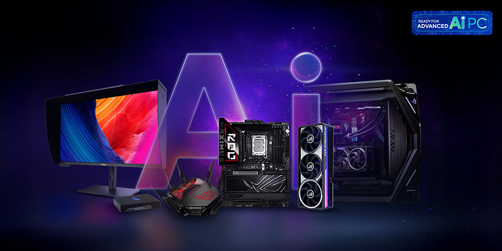 ASUS AI PC ecosystem: monitor, mini PC, router, motherboard, graphics card and desktop