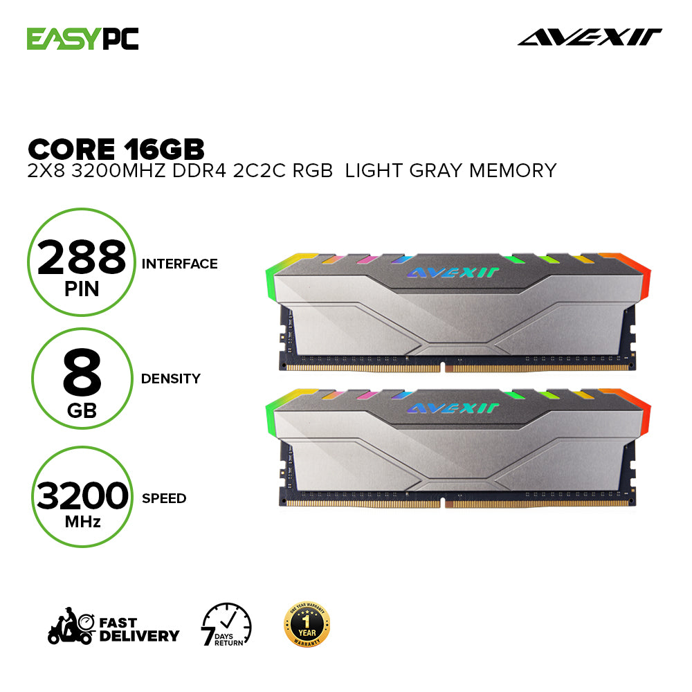 Avexir  Core 2 16gb 2x8 3200mhz Ddr4 2c2c RGB Memory Light Gray