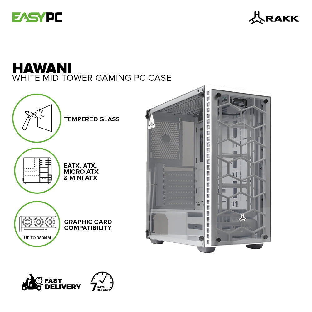 Rakk Hawani Mid Tower Tempered Glass White/Black  Support ATX, MATX, ITX MotherBoard PC Gaming Case
