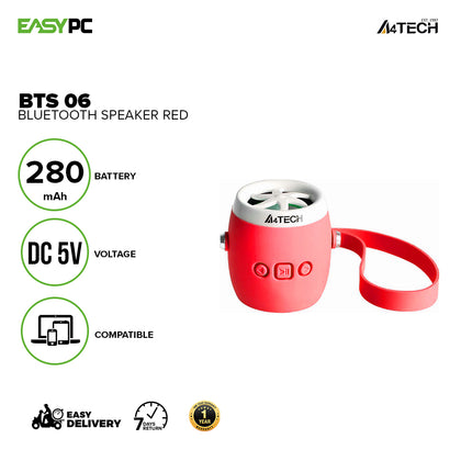 A4tech BTS 06 Mini water resistant, Built in Lithium Battery wireless Bluetooth Speaker Red