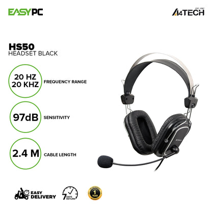 A4Tech Hs50 Omnidirectional Noise-cancelling Mic Headset Black, Adjustable Headband, Quadrate Ear Cushion, Superior Sound Quality Headset