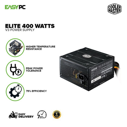 Coolermaster Elite 400 watts V3 Higher Temperature Resistance Peak 75% Efficiency Super Resilient Power Supply