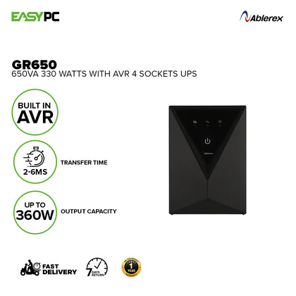 Ablerex GR650 650va 330 watts with Built-in AVR, 2-6ms Transfer Time 4 Sockets UPS