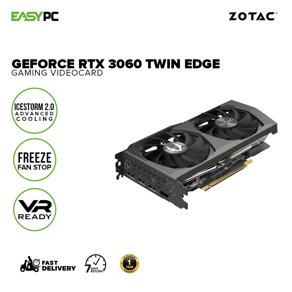 Zotac NVIDIAÂ® GeForce RTXÂ™ 3060 Twin Edge OC ZT-A600E-10M 12GB GDDR6  192-bit 15 Gbps PCIE IceStorm Cooling Gaming Videocard