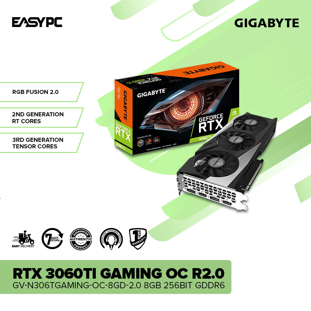 Gigabyte Rtx 3060Ti Gaming OC R2.0 GV-N306TGAMING-OC-8GD-2.0 8gb 256bit GDdr6 WINDFORCE 3X Cooling System with alternate spinning fans, Lite Hash Rate Version Gaming Videocard
