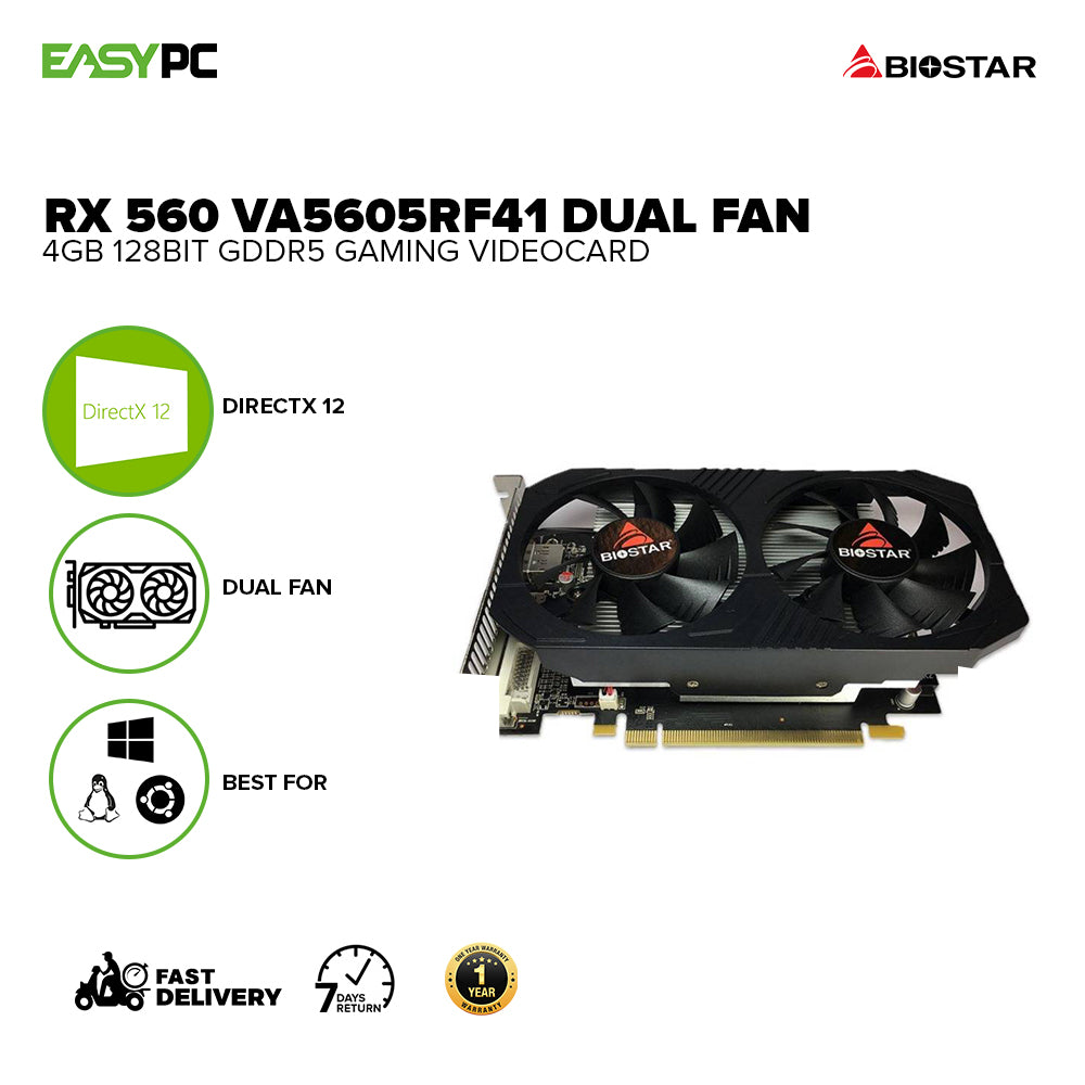 Biostar Rx 560 VA5605RF41 Dual Fan 4gb 128bit GDdr5, DirectX 12