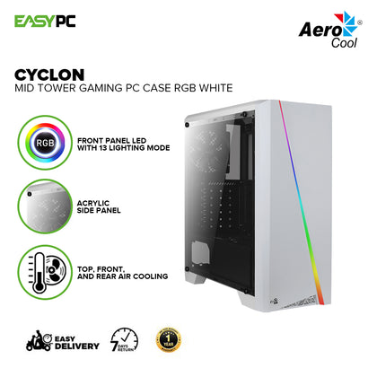 Aerocool Cyclon Mid Tower Front panel LED with 13 lighting modes, Acrylic Side Panel, Convenient Access to your media Gaming Pc Case RGB White