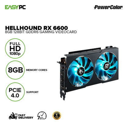 Powercolor HellHound Rx 6600 8GBD6-3DHL 8gb 128bit GDdr6 Dual-Fan Cooler, Windows 11 Ready  Gaming Videocard