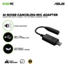 ASUS AI Noise-Canceling Mic Adapter USB-C to 3.5 mm connection enhances headset microphone performance by minimizing background noise communication