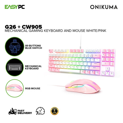 Onikuma G26 + CW905 Mechanical Gaming Keyboard and Mouse White/Pink