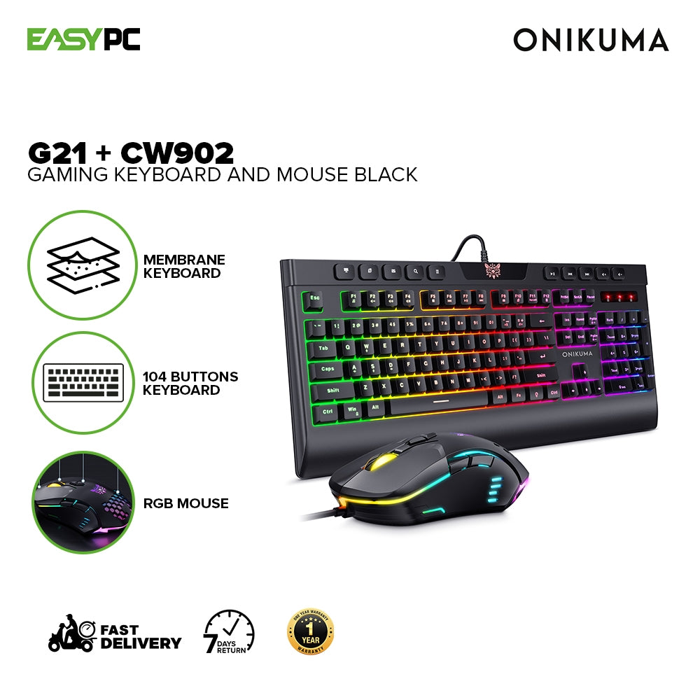 Onikuma G21 + CW902 6 Lighting Modes, Adjustable Brightness, Adjustable Lighting Speed Gaming Keyboard and Mouse Black
