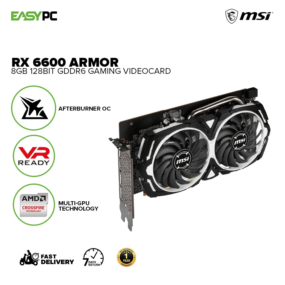 MSI Rx 6600 Armor  8gb 128bit GDdr6 Multi-GPU Technology, Afterburner OC, VR Ready  Gaming Videocard