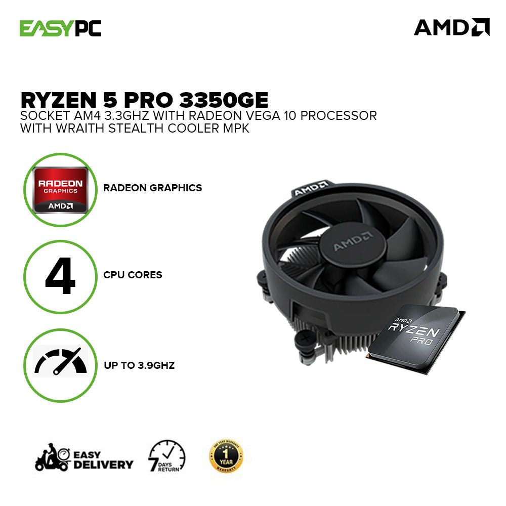 AMD Ryzen 5 Pro 3350ge Socket Am4 3.3ghz w/Radeon Vega 10 with Wraith Stealth Cooler MPK PCIe 3.0, 4 CPU Cores Processor