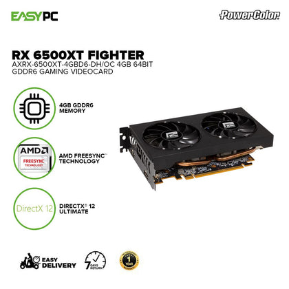 PowerColor Rx 6500xt Fighter AXRX-6500XT-4GBD6-DH/OC 4gb 64bit GDdr6 Power Efficient, Dual Cooling fan Gaming Videocard