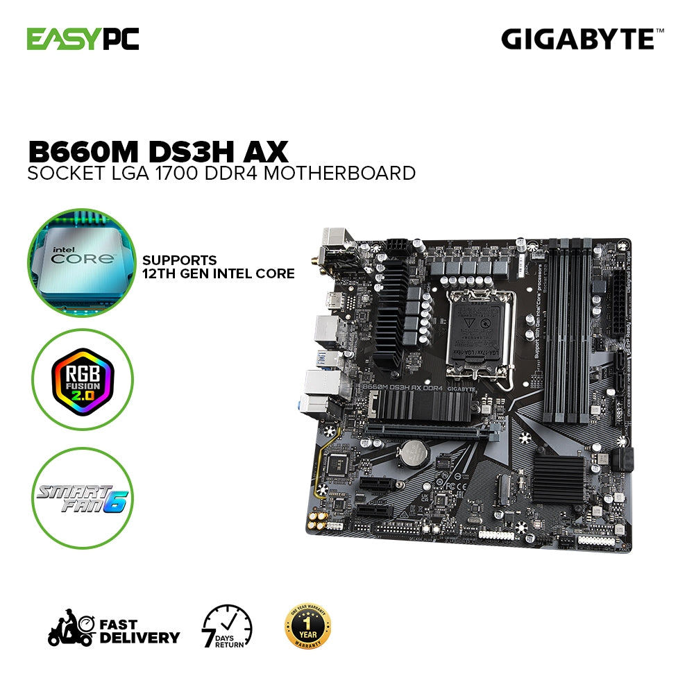 Gigabyte B660M DS3H AX Socket LGA 1700, Supports 12th Gen Intel Core, RGB Fusion 2.0, Smart Fan 6 Motherboard