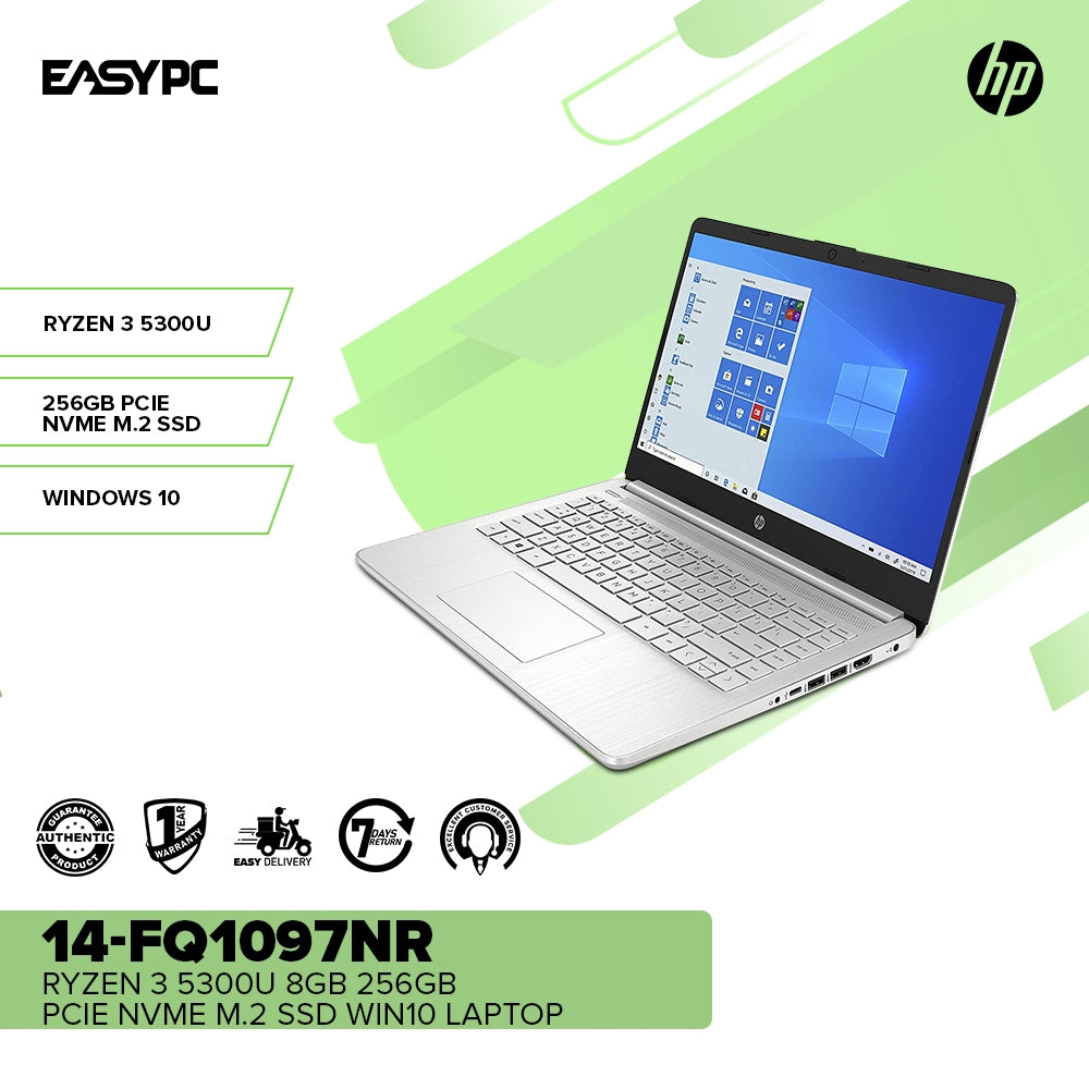 HP 14-fq1097nr Ryzen 3 5300U 14Ó 8GB 256GB PCIe NVMe M.2 SSD, AMD Radeon Graphics Win10 Laptop PS