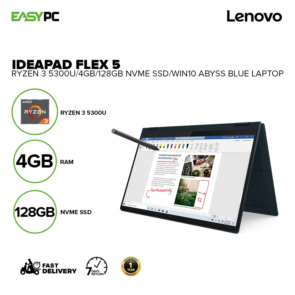 Lenovo IdeaPad Flex 5 Ryzen 3 5300U 4GB 128GB NVMe SSD, Integrated AMD Radeon Graphics Win10 Abyss Blue Laptop PS