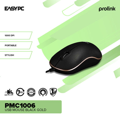Pro-Link PMC1006 Stylish & Elegant Design High Precision Optical Easier & Faster Scrolling Black Gold USB Mouse