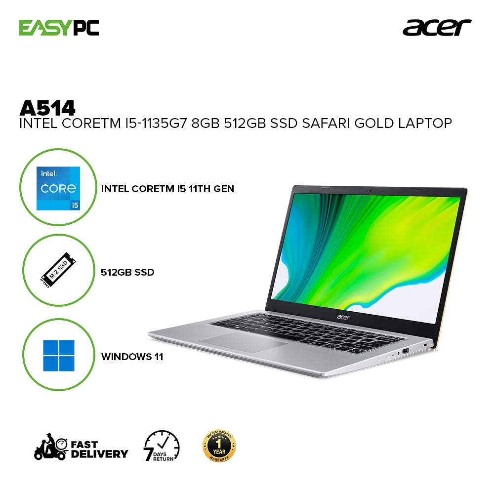 Acer A514-54-54GA Intel CoreTM i5-1135G7/8GB/512GB SSD/Win11 Laptop Safari  Gold