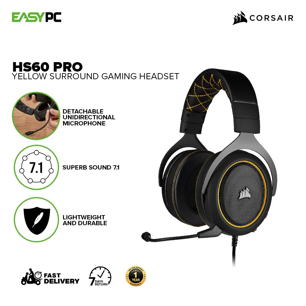 Corsair HS60 Pro Virtual Surround Sound PC Gaming Headset w/USB DAC  (Yellow), with USB DAC Carbon) Discord Certified Ã Works with PC, Xbox 