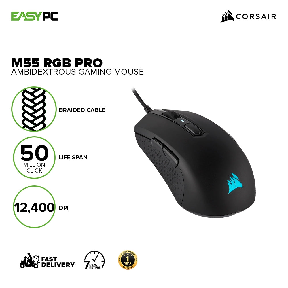 Corsair M55 RGB Pro Ambidextrous Braided Fiber Cable 12400 dpi, Optical  Wired Gaming Mouse CS-CH-9308011-AP 7UBE COCS2499