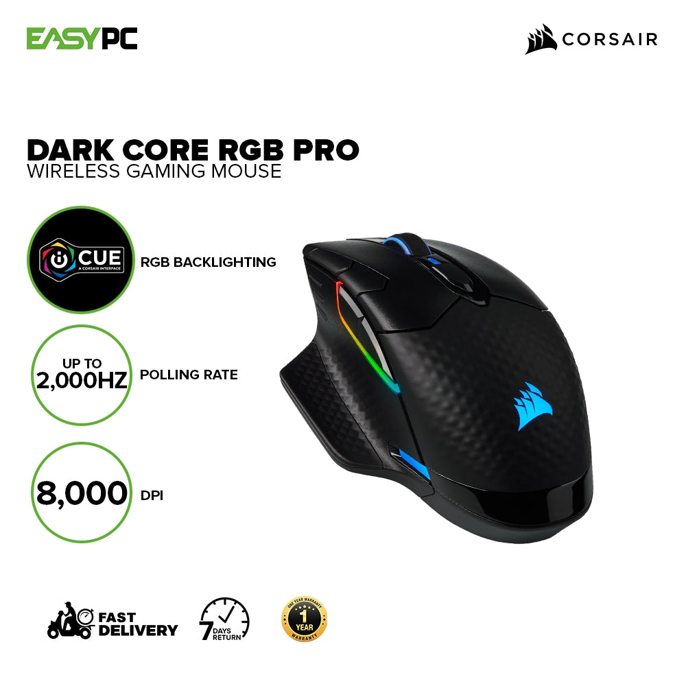 Corsair Dark Core RGB Pro and Pro SE 18K DPI Comfortable contoured shape  with two included interchangeable side grips Wireless Gaming Mouse 7UBE