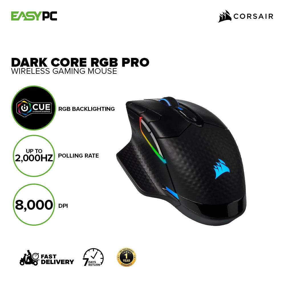 Corsair Dark Core RGB Pro and  Pro SE 18K DPI Comfortable contoured shape with two included interchangeable side grips Wireless Gaming Mouse 7UBE