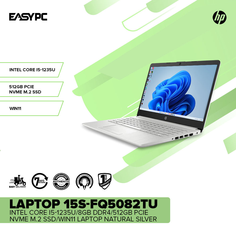 HPÂ 15s-fq5082TUÂ Intel Core i5-1235U 8GB DDR4 512GB PCIe NVMe SSDÂ Win11 Laptop Natural Silver