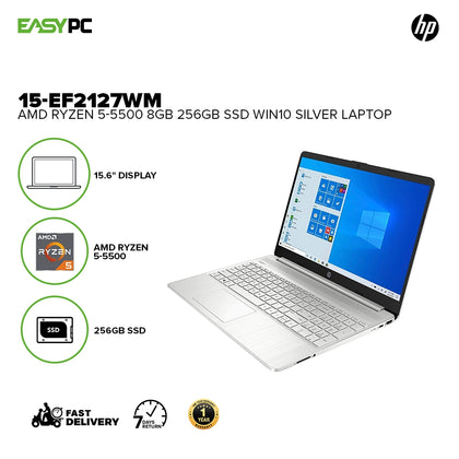 HP 15-EF2127WM AMD Ryzen 5-5500/8GB/256GB SSD/Win10 Laptop Silver PS