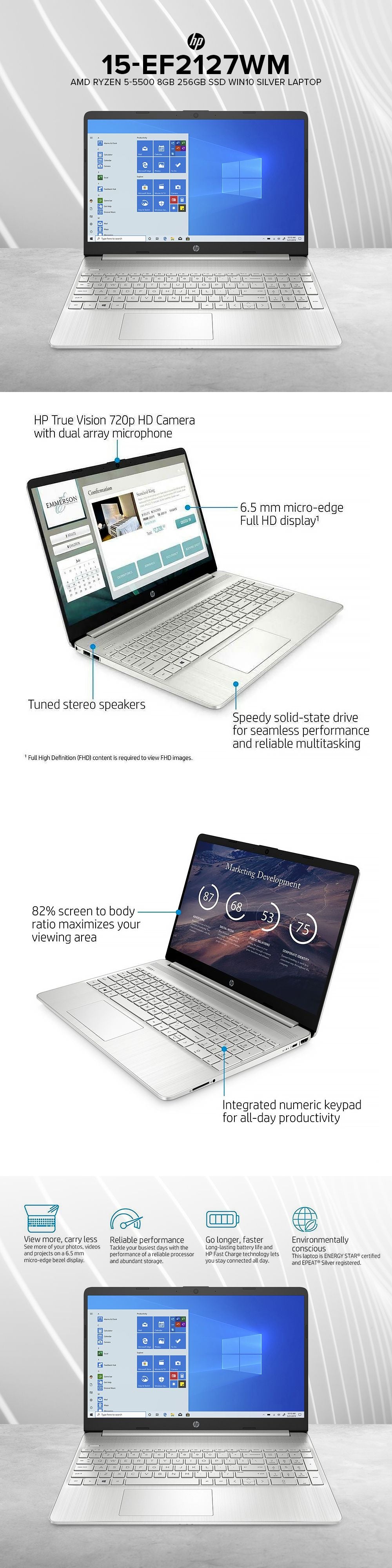 HP 15-EF2127WM AMD Ryzen 5-5500/8GB/256GB SSD/Win10 Laptop Silver PS