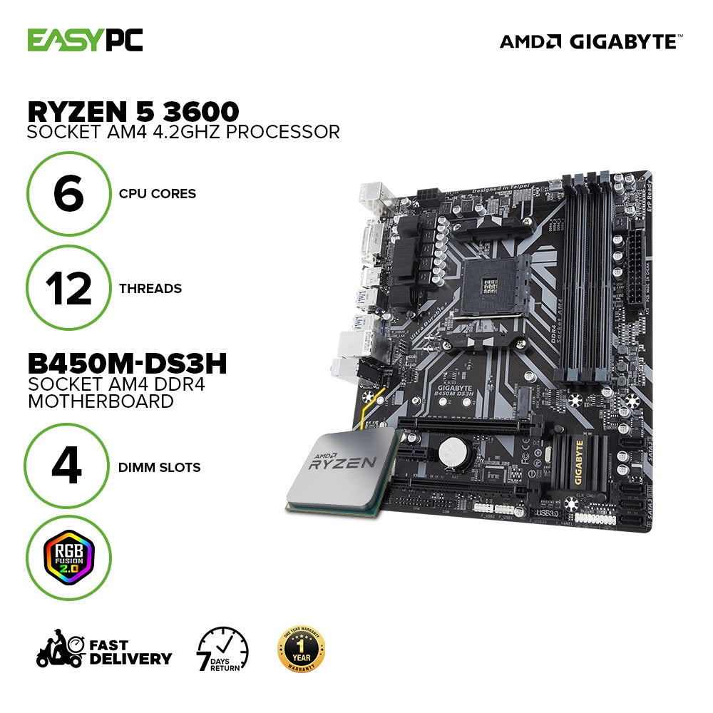 AMD Ryzen 5 3600 Processor + Gigabyte B450M-DS3H Motherboard