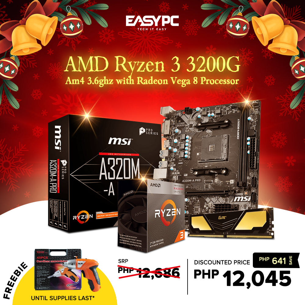 EasyBundle AMD Ryzen 3 3200g Processor/A320M Pro-VH Motherboard/8GB 3200Mhz Ddr4 Memory Black Gold Gaming Bundle w/ Free Screw and Drill