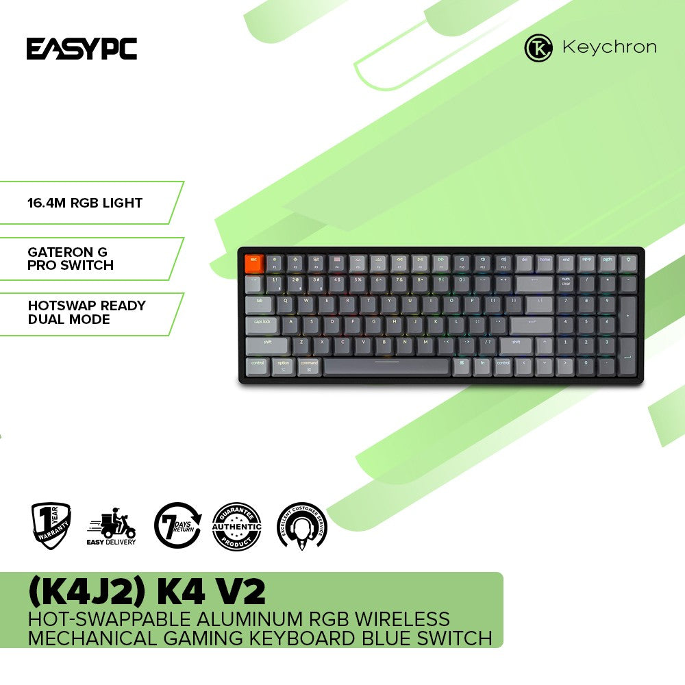 Keychron (K4J2) K4 V2 Hot-swappable Aluminum RGB Wireless Mechanical Gaming Keyboard Blue Switch