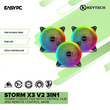 Keytech Storm X3 v2 3in1 120mm Chassis Fan with Control Hub and Remote Control ARGB