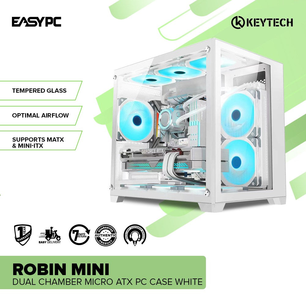 Keytech Robin Mini Dual Chamber Tempered Glass Optimal Airflow Micro ATX White